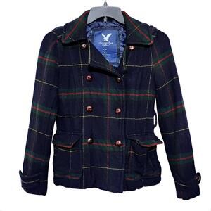 AMERICAN EAGLE OUTFITTERS Y2K PLAID WOOL DOUBLE BREASTED PEA COAT WOMENS SMALL‎